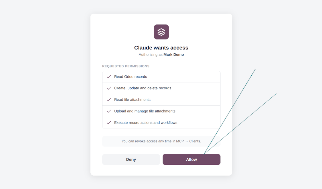 The Odoo OAuth permission screen where the user allows Claude to read, create, and update records and manage attachments.